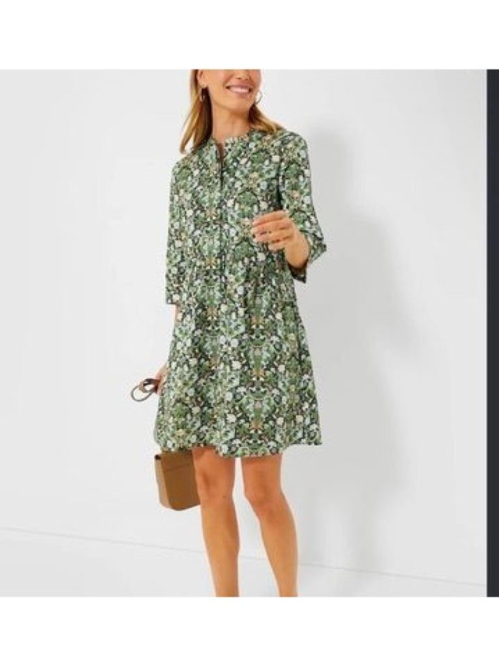 Tuckernuck Women’s S Green Floral Print Mini Dress 3/4 Sleeve Swing Shift